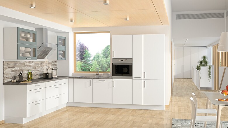 Moderne, weiße Küche in matt und L-Form